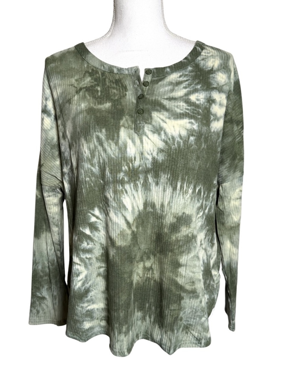 Umgee Olive & Cream Tie-Dye Ribbed Henley Long Sleeve Top Women Oversized Small